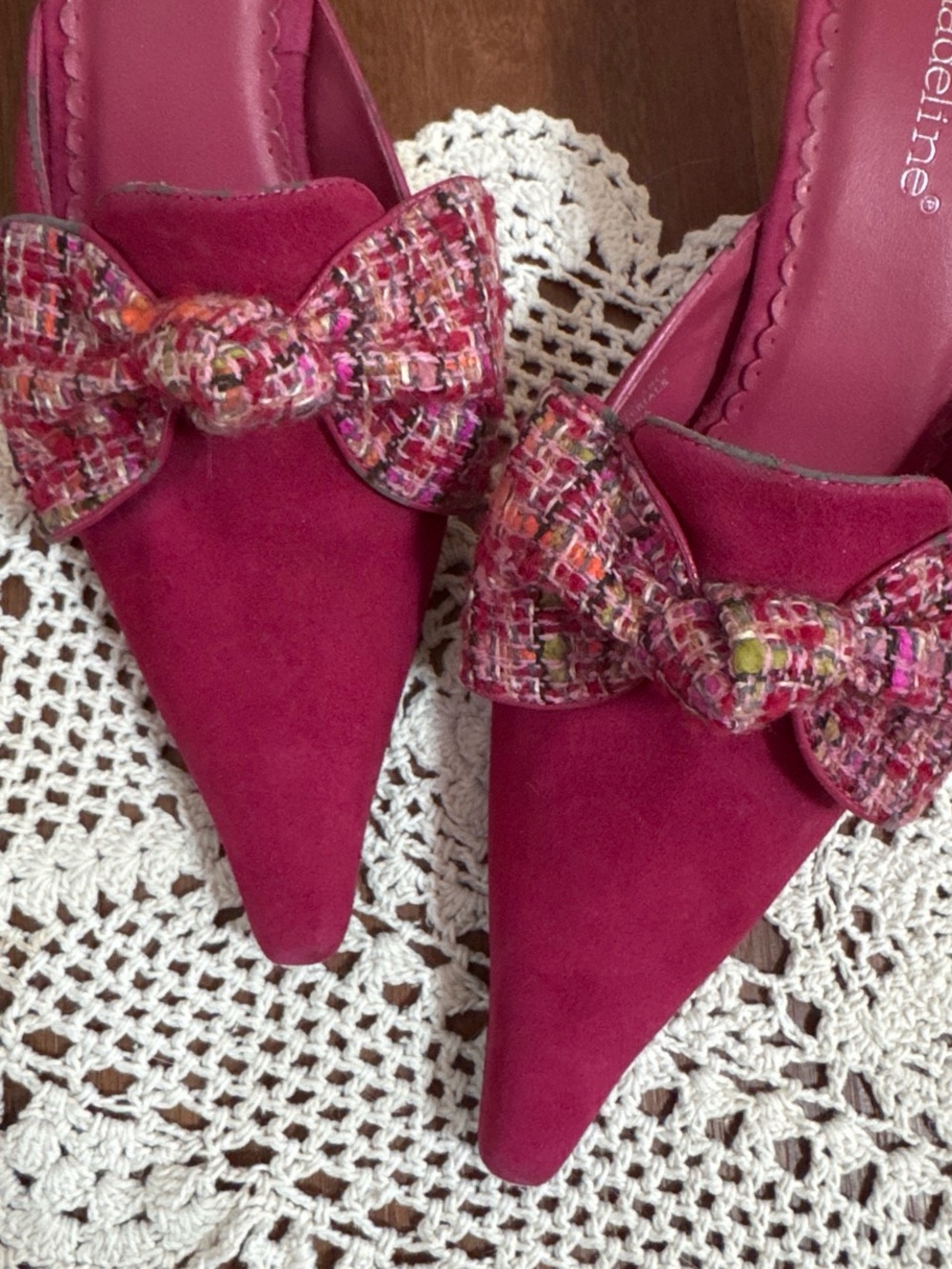 Madeline Pink Suede Bow Kitten Heel Mules